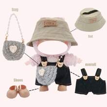 Fischerhut und Latzhose Set, für LABUBU, kombiniert mit gestrickter Perlen Handtasche und Schuhen, modische Accessoires und Zubehör (ohne Plüschpuppe, nur Kleidung und Accessoires)