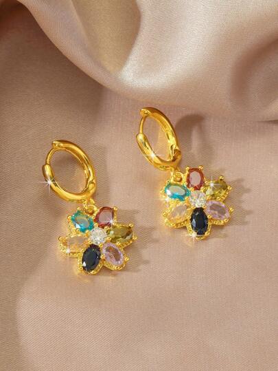 1 par de pendientes de flor de lona con encanto elegante y brillante en multicolor dorado incrustado, adecuados para mujeres, fiestas, festivales y otras ocasiones