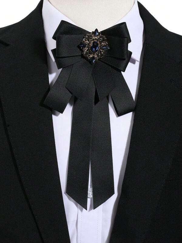 1pc Men's Casual Fashion Solid Color Rhinestone Faux Gemstone Floral Decor Bowknot Brooch Pin, Versatile For School, Party, Stage Performance, Hosting