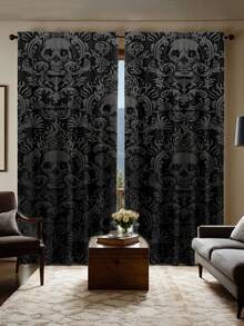 2pcs Skull Print Curtain Set - Suitable For Bedroom, Living Room And Bathroom Decor, Machine Washable Polyester, Great For Halloween - Multicolor - View 4