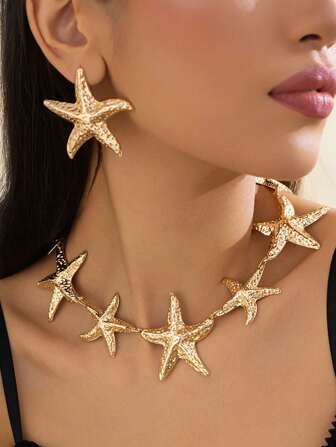 3 件套时尚金属纹理海星耳环项链套装金属海星耳钉，适合沙滩佩戴