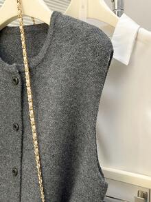 Cardigan Vest Wanita Musim Gugur/Dingin dengan Hiasan Pinggiran Elegan dan Leher Bulat - Dark Grey - View 3