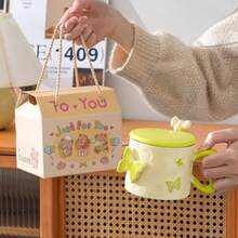 1pc Butterfly Embossed Mug With Lid, 4 Styles Available, Comes With Stainless Steel Spoon, Warm Style Gift For Boys And Girls - Yellow - View 9