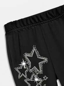 女童星形印花喇叭裤，休闲修身优雅长裤，饰有闪亮星形图案，喇叭裤腿设计，适合户外运动 - 黑色 - 查看 6