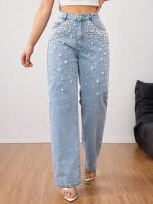 Women's Fashionable Non Elastic Loose Denim Pants - Handmade Bead Decoration Straight Leg Jeans, Comfortable Multifunctional Pants - 淺色水洗藍 - 查看 1