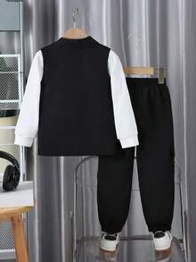 3pcs Boys Autumn Outfit Set: Vest, Sweatshirt, And Cargo Pants - Black - View 2