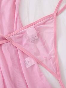 2 piezas Conjunto de ropa de dormir sexy para mujer de unicolor con encaje en contraste, vestido camiseta escotado en V y espalda descubierta, tanga, camisón cómodo