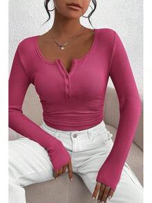 Women's 2025 Fall Long Sleeve Henley Shirts Button Ribbed Knit Casual Basic Tops Blouse - 玫紅色 - 查看 6