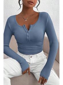 Women's 2025 Fall Long Sleeve Henley Shirts Button Ribbed Knit Casual Basic Tops Blouse - Xanh xám - Xem 6