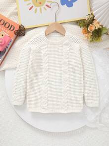 Girls' Knitted Crew Neck Perforated Twist Rope Sweater, Soft & Comfortable Fabric With Openwork Details - White - View 1