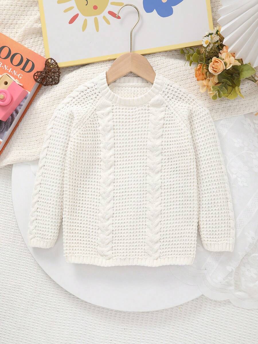 Girls' Knitted Crew Neck Perforated Twist Rope Sweater, Soft & Comfortable Fabric With Openwork Details - White - View 1