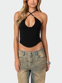Women Sexy Crop Tops Beaded Corset Tops Crossover Straps Halter Tops Summer Sleeveless Slim Open Back Camisole Back Zip Tank Tops For Party Clubwear Streetwear Going Out Blouse - 黑色 - 查看 7