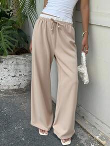 pantalon  Liso    Casual    Bolsillo  Nudo  Cordón    Diario - Caqui - Ver 2