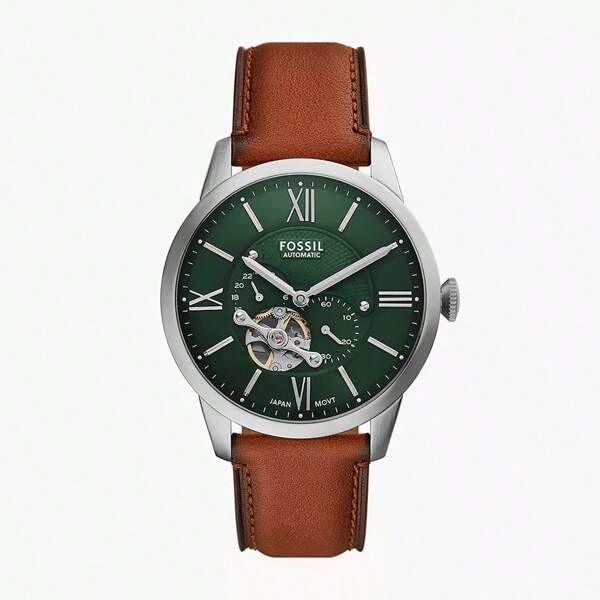 Fossil ساعة Townsman Vintage التلقائية للرجال ME3265 باللون الأخضر والرنيش البني S ساعة كاجوال مناسبة للارتداء اليومي هدية عيد ميلاد للرجال والأصدقاء