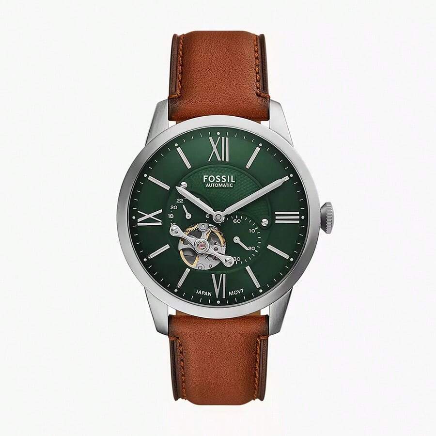 Fossil ساعة Townsman Vintage التلقائية للرجال ME3265 باللون الأخضر والرنيش البني S ساعة كاجوال مناسبة للارتداء اليومي هدية عيد ميلاد للرجال والأصدقاء
