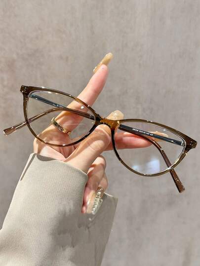 1副复古猫眼形金属框透明镜片女式眼镜，窄框带滤光片，时尚靓丽的Y2K风格全框无度数眼镜，适合休闲和正式场合穿着，时尚眼镜，潮流配饰，适用于电脑阅读、游戏、电视和手机。