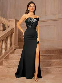 MOEVIO Đầm maxi dáng chữ A xếp ly xẻ cao, hở vai, đính sequin, thanh lịch dành cho nữ, thích hợp cho các buổi dạ tiệc, tiệc tối trang trọng, dự đám cưới, tiệc sinh nhật, các dịp trang trọng, mùa tựu trường, tiệc mùa thu xuân. - màu đen - Xem 6