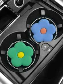 2 件时尚蓝绿花朵水钻汽车杯架杯垫 - 彩色 - 查看 1