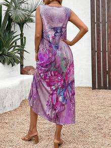 Women's Round Neck Butterfly Print Sleeveless Dress, Suitable For Spring/Summer - Hot Pink - View 7