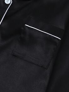 两件套缎面纯色睡衣套装，长袖翻领上衣和蝴蝶结长裤，女士家居服，秋冬服装 - 黑色 - 查看 4