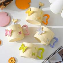 1pc Butterfly Embossed Mug With Lid, 4 Styles Available, Comes With Stainless Steel Spoon, Warm Style Gift For Boys And Girls - Yellow - View 4