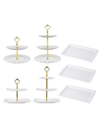 Juego de 7 piezas para exhibir cupcakes, set de exhibición de postres de plástico que incluye 2 piezas de soportes para cupcakes de 2 niveles, 2 piezas de soportes para cupcakes de 3 niveles y 3 piezas de bandejas para aperitivos, ideal para mesas de té y bodas