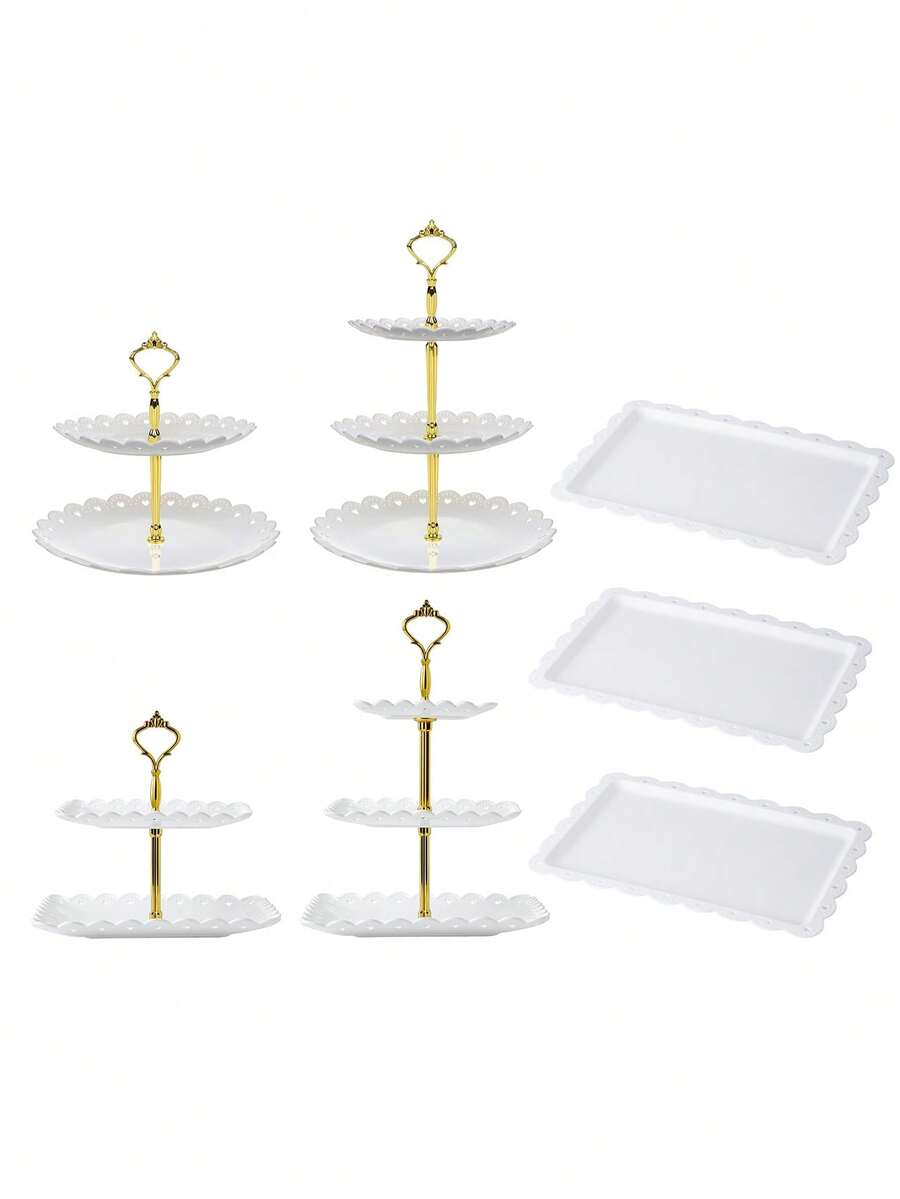 Juego de 7 piezas para exhibir cupcakes, set de exhibición de postres de plástico que incluye 2 piezas de soportes para cupcakes de 2 niveles, 2 piezas de soportes para cupcakes de 3 niveles y 3 piezas de bandejas para aperitivos, ideal para mesas de té y bodas - Multicolor - Ver 1