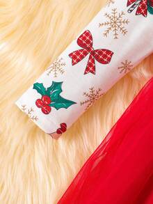 Baby Girls Christmas Snowman Snowflake Sock Printed Patchwork Mesh Ruffle Hem Dress With Sash - Red - View 5