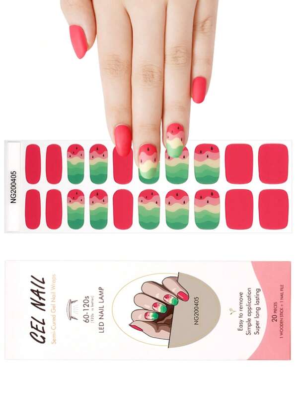 1 Box Natural UV Gel Nail Stickers, Classic Cute Watermelon Design, Summer Semi-Cured 20pcs Finger Nail Gel Stickers, Easy To Wear And Remove