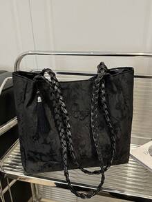 1pc Women's Fashion Commuter Large Capacity Printed Tote Bag, Suitable For Beach, Travel, Minimalist, Lightweight, Unique Woven Strap, Elegant Ribbon, Foldable - Black - View 2