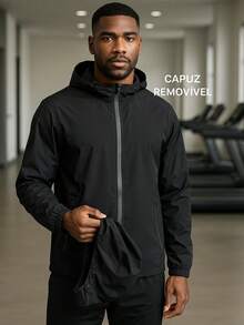 Men's Waterproof Windbreaker With Removable Hood In Black For Gym Or Running - màu đen - Xem 2