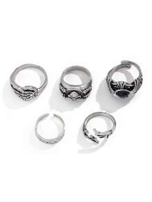 5 件朋克风格骷髅眼戒指套装，男士休闲日常佩戴 - 復古銀色 - 查看 6