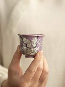 1pc/2pcs Butterfly Floral Ceramic Tea Cup, Household Ceramic Kung Fu Tea Set, Tea Cup For Tea Tasting, Gathering & Afternoon Tea, Small Capacity Water Cup, Gift Tea Cup