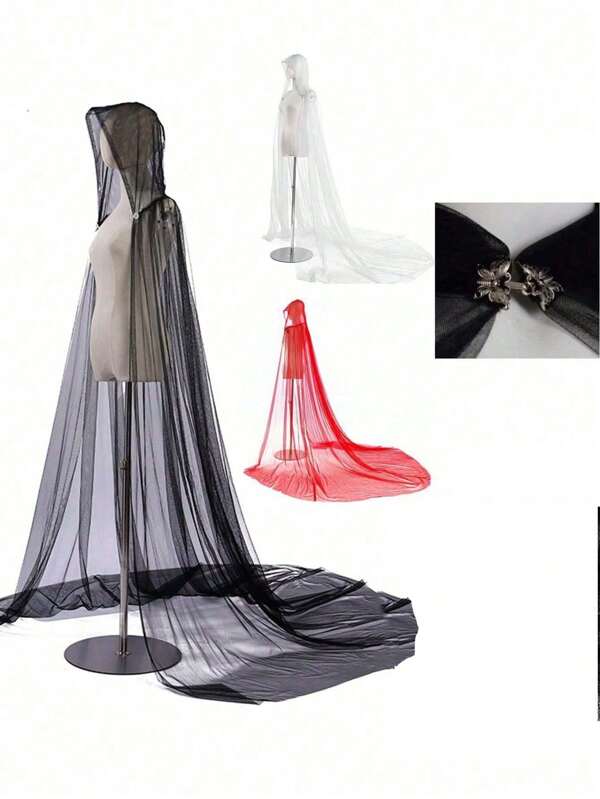 1pc Vintage Solid Color Hooded Mesh Vampire Bride Cloak, Black/Red/White Wizard Cosplay Costume For Party Performance Halloween