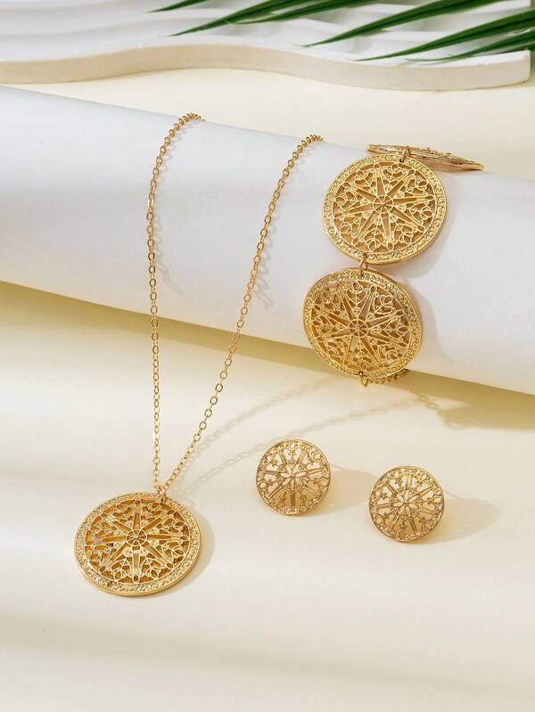 1pc Vintage Hollow Gold Geometric Disc Pendant Necklace, 1 Pair Earrings, 1pc Bracelet - Women Gold Jewelry Set, Freely Combinable