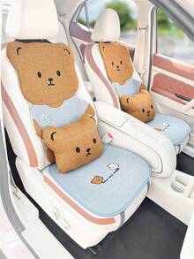 1pc Car Seat Cover, Cute Bear Pattern, Linen Material, All Season Use, Breathable, Anti-Slip, Summer Rear Seat Cushion