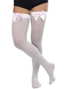 1双简约蝴蝶结装饰光滑柔软过膝袜，Y2K - 彩色 - 查看 5