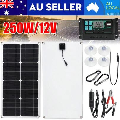 Solar Panel 12V 24V Battery Charger Caravan Camping Portable 250W 30A Flexible Charging Kit With Controller 2 USB Charger