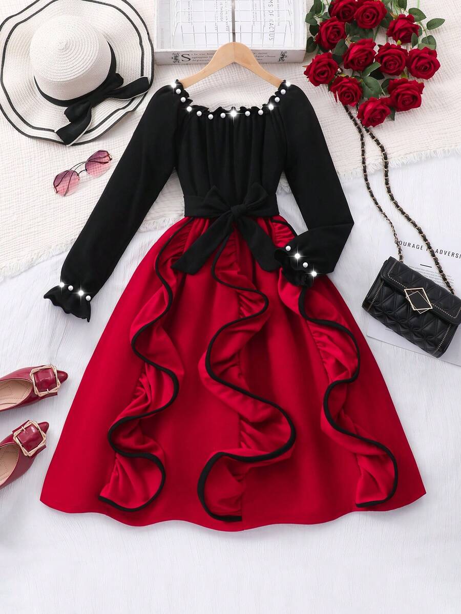 Autumn/Winter New Pearl Splice Contrast Color Wave Hem Long Sleeve Dress With Belt, Fashionable And Elegant, Elegant And Charming For Tween Girls - Red - View 1