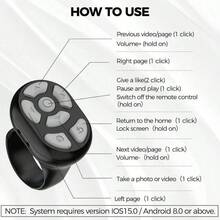 指尖无线蓝牙遥控器，短视频手机蓝牙自拍快门器，遥控APP快门器，可充电滚轮环相机遥控器，适用于暑假、旅行、便携式相机无线快门