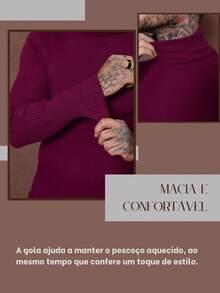 Blusa De Frio Cacharrel Masculina Gola Alta Tricô Suéter masculino slim Blusa térmica Blusa de frio - Fúcsia - Visão 4