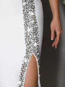 手工串珠单肩针织绷带紧身连衣裙，性感开衩优雅，适合家庭聚会、派对、正式场合 - 白色 - 查看 8