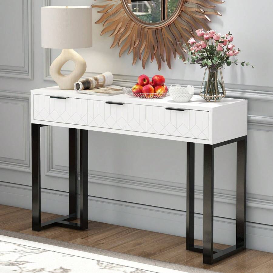 Modern Console Table With Drawers, Gold-Colored Frame, Adjustable Foot Pads And Elegant Handles (White + Gold) - 黑色+白色+中密度纖維板 - 查看 1