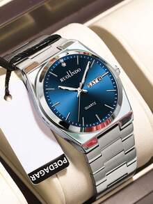 1 件男士石英不锈钢表带手表，带双日历和夜光表盘，商务休闲 - A - 查看 11