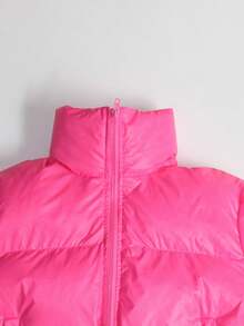 Women European & American Style Short Stand Collar Zipper Front Warm Jacket - Hot Pink - View 4