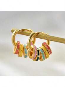 New Chinese Style Enamel Colored Drip Oil Earrings, Retro Dopamine Design Earrings, Suitable For Daily Wear, Women's Jewelry Gifts - 金色 - 查看 7
