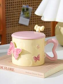 1pc Butterfly Embossed Mug With Lid, 4 Styles Available, Comes With Stainless Steel Spoon, Warm Style Gift For Boys And Girls - Yellow - View 12