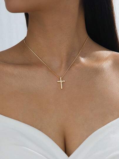 1pc Fashionable Minimalist Popular Gold Cross Pendant Necklace For Women, Suitable For Daily, Holiday And Party Wear