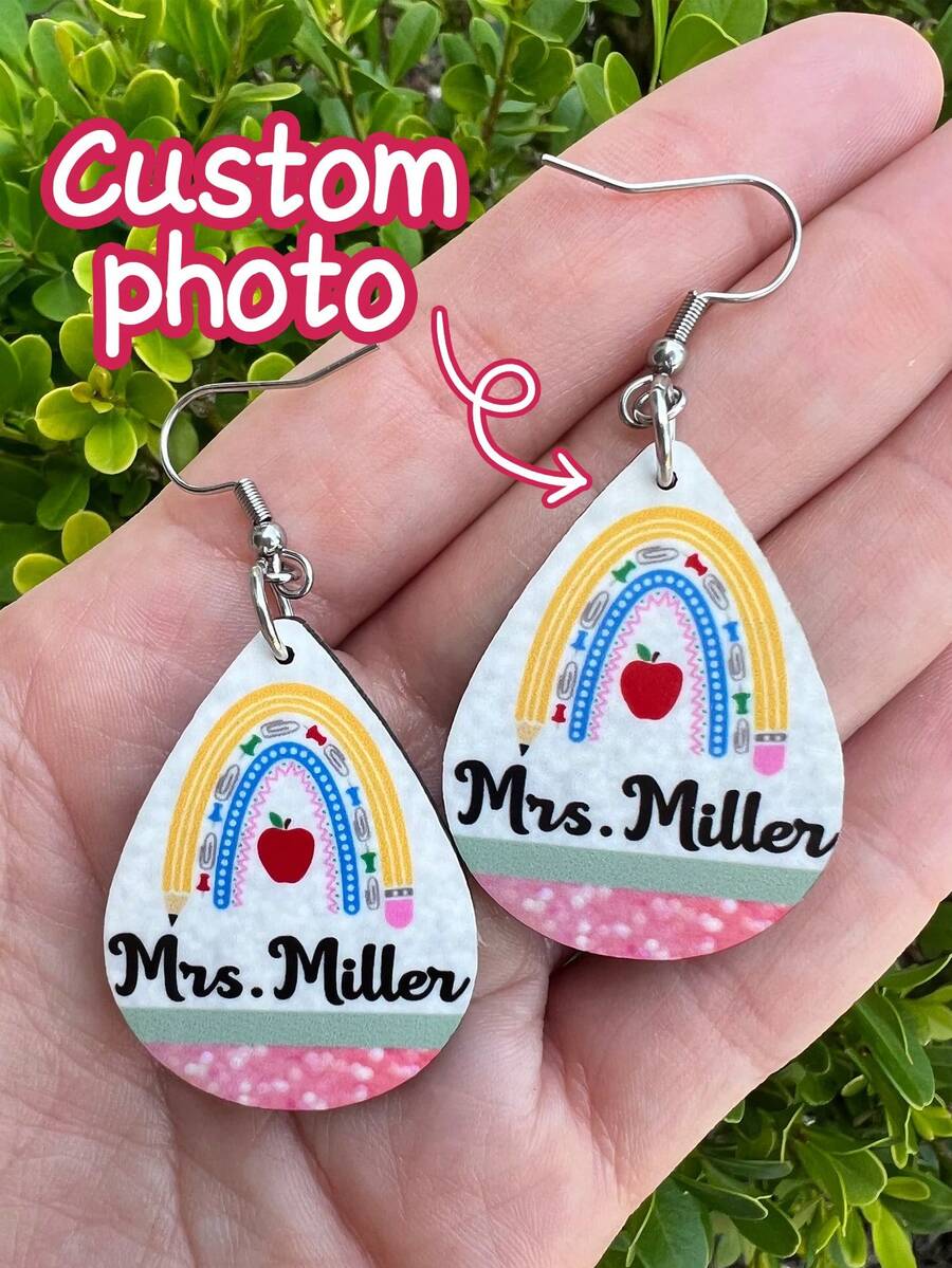1pc Custom Personalized Teacher Earrings. Rainbow Pencil. Back To School, Teacher Appreciation, Teacher Gift - Multicolor - View 1