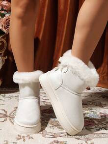 2025 Botas de nieve populares de unicolor con lazo, suela gruesa y esponjosa, botas cortas de invierno para mujer con forro grueso para fiestas/uso casual, para ir al trabajo/esquí al aire libre con suela antideslizante de algodón con forro polar